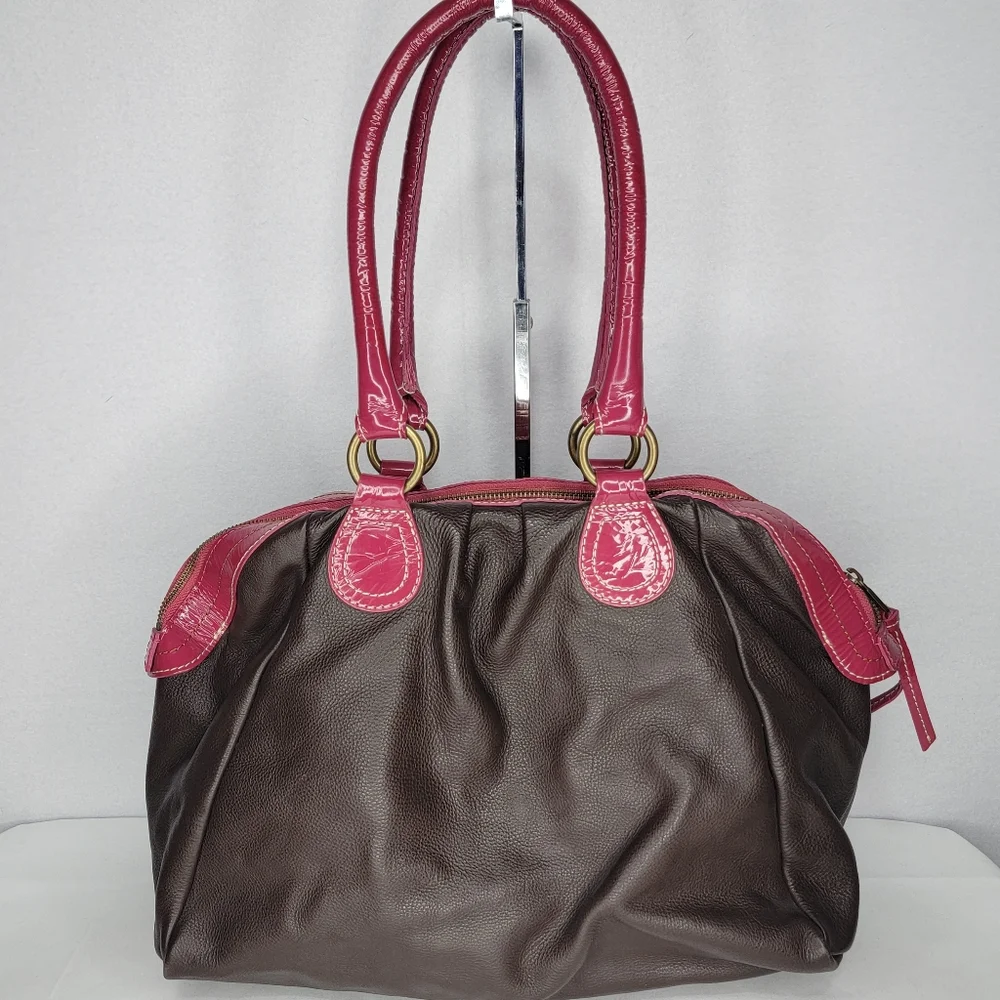 BODEN Genuine Leather Brown w/ Fuschia Trim Leather Handbag. P138 - Picture 3 of 10